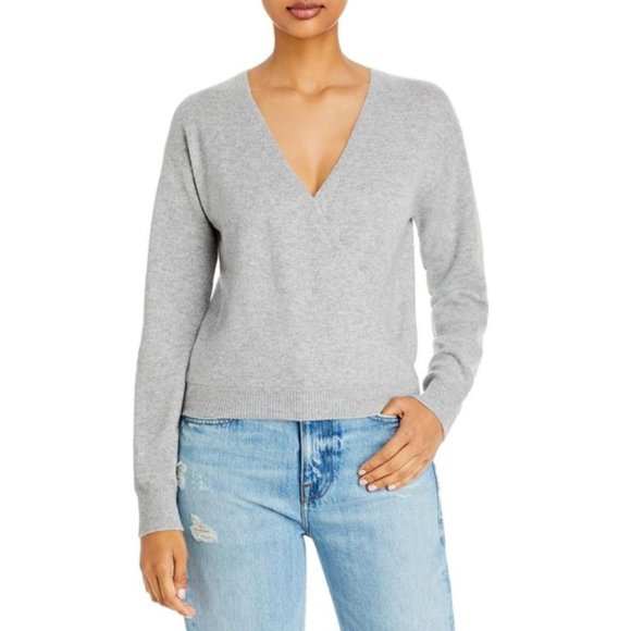 AQUA CASHMERE Faux Wrap Cashmere Wrap Sweater In Light Grey - NWT - Picture 1 of 4